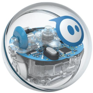 A clear plastic ball with silver and blue gears and computer chips inside. A white circle with 2 blue dots in the center and and a blue border.