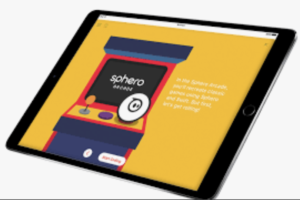 iPad screen with Sphero advertisement on the screen. The Ad is yellow background with an old fashioned joystick game that read Sohero.