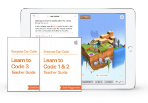 iPad screen of Swift playground on the screen. Two small pdf that say "Learn to Code 3" and "Learn to Code 1 & 2."