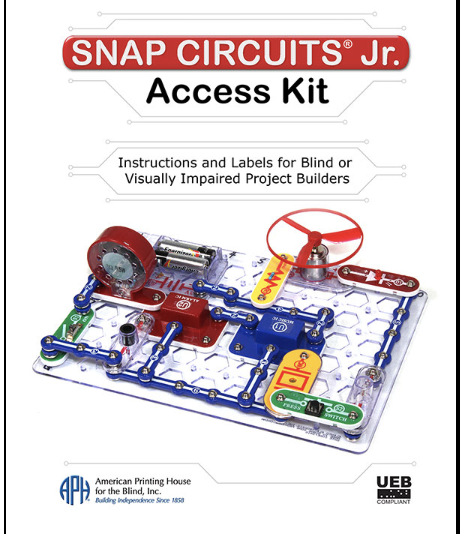 An advertisement APH Snap Circuits Jr. showing a rectangular clear base with red, blue, yellow and green snaps connected around the edge of base and connected to a propeller and wheel.