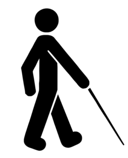 Outline drawing of a man walking with a cane.