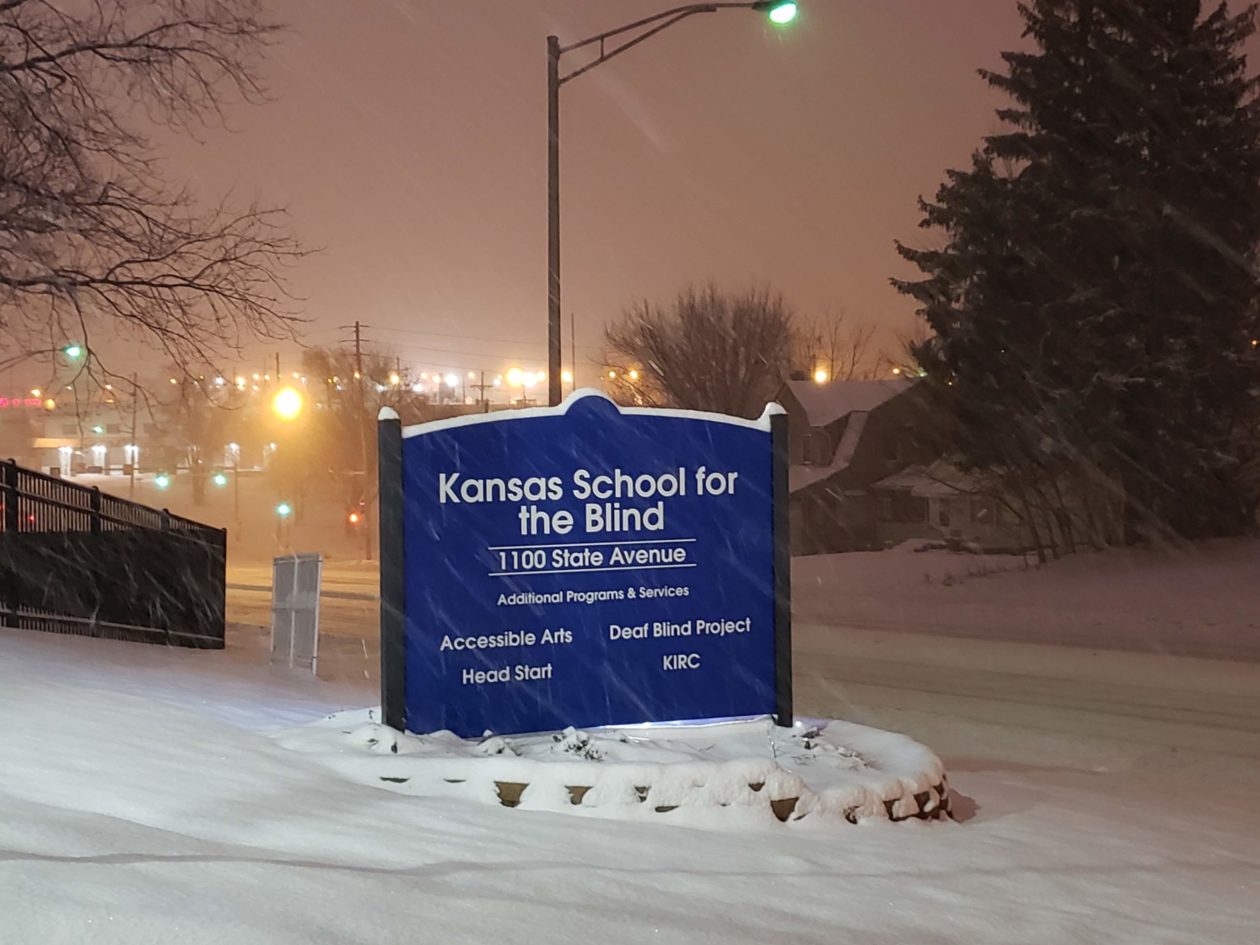 Snow around the entrance sign to KSSB.