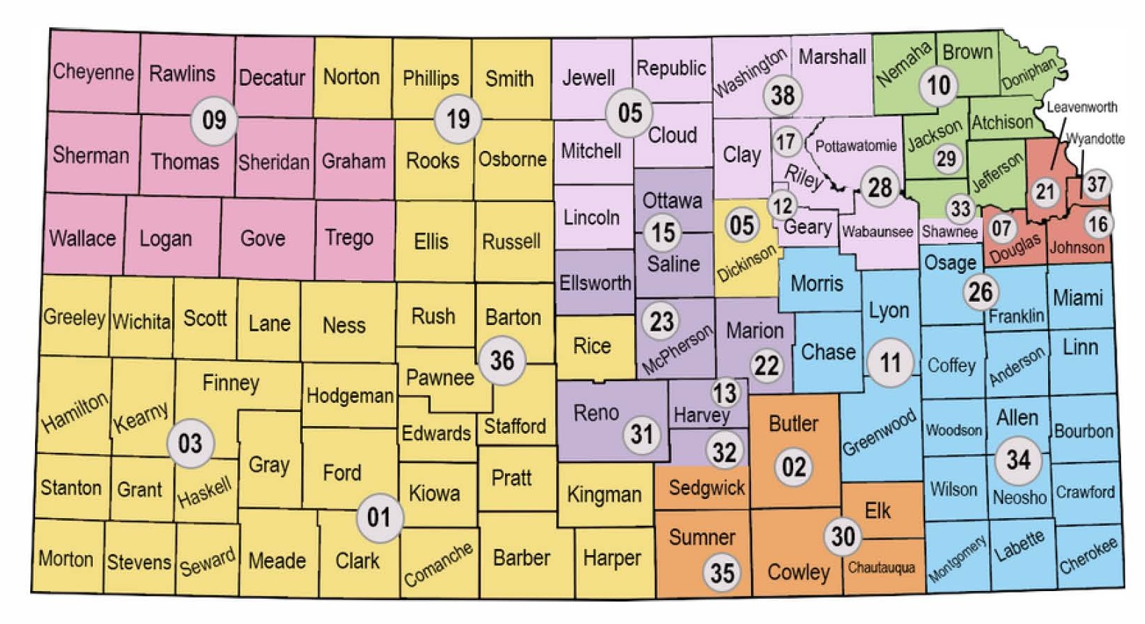 Map of Kansas showing all counties split into color-coded regions. Numbers throughout the map indicate the area providers.